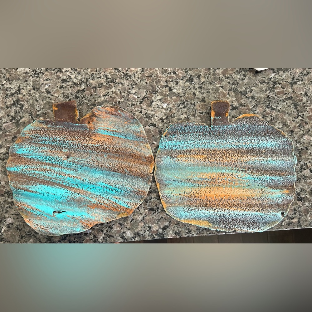 Rustic sheet metal pumpkin decor - turquoise & orange- handmade